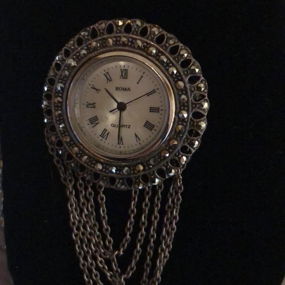 Boma Vintage Mother of Pearl Marcasite Watch Pin - Picture 5 of 6